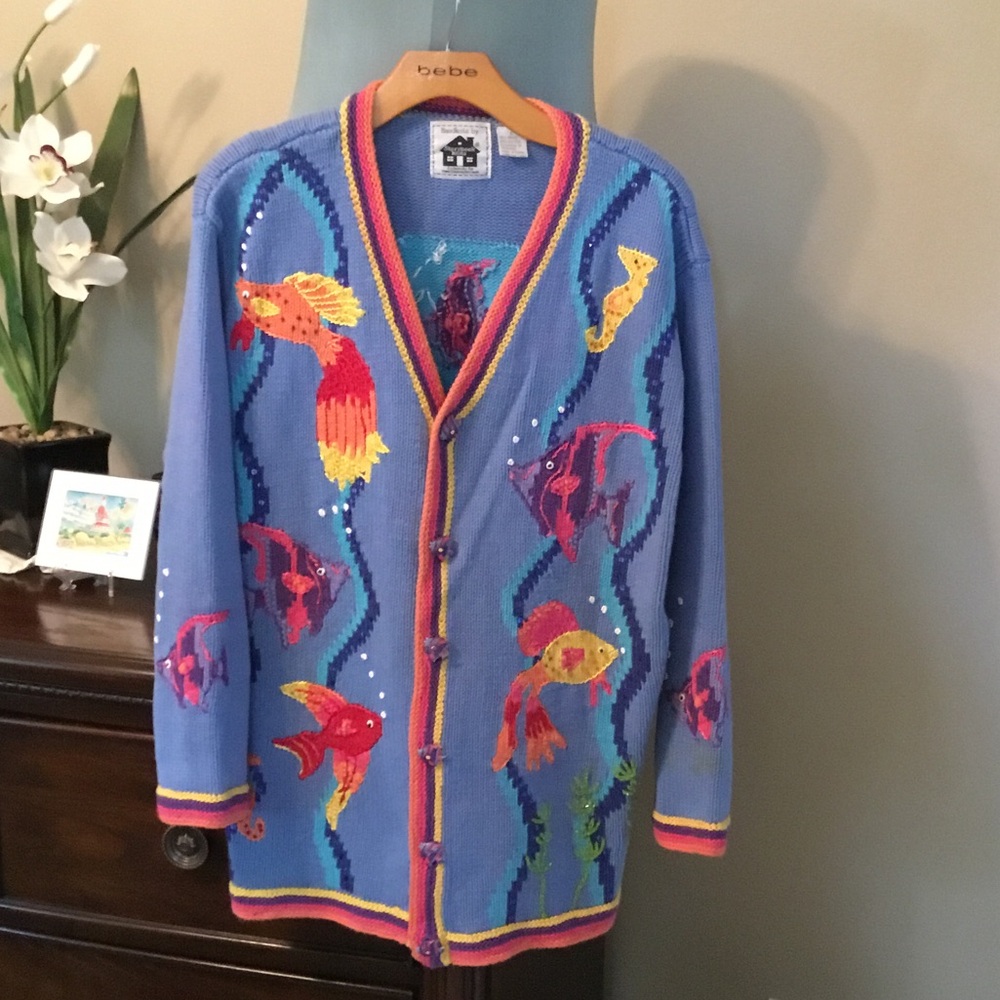 Storybook Knits-Blue Hand Knit Cardigan Sweater with Multicolor Tropical Fish